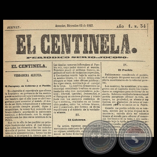 EL CENTINELA Nº 34 PERIÓDICO SERIO..JOCOSO, ASUNCIÓN, DICIEMBRE 12 de 1867